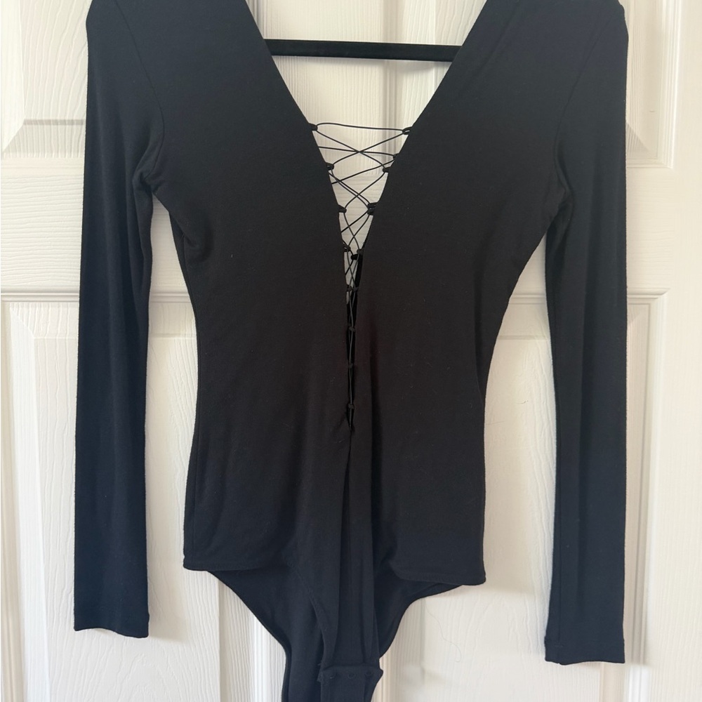 T by Alexander Wang Black Long Sleeve Lace-Up Deep V Bodysuit